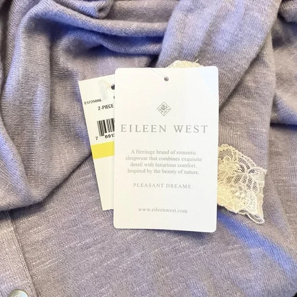 NWT Eileen West Long Sleeve Button Front Lace Trim Pajama Top - Blueberry - M